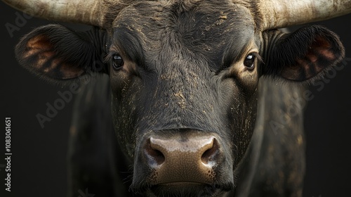 Close up of a calm bull s muzzle isolated against a neutral background featuring a frontal view of the head photo