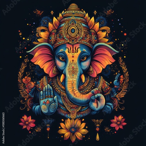 Load Ganesh t shirt vector print on black background 
