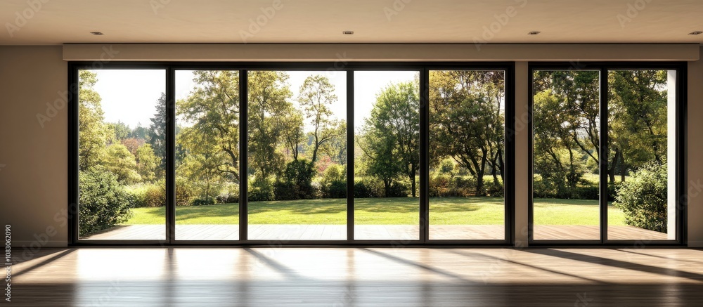 Fototapeta premium Modern empty room featuring large window and door ideal for minimalist design inspiration