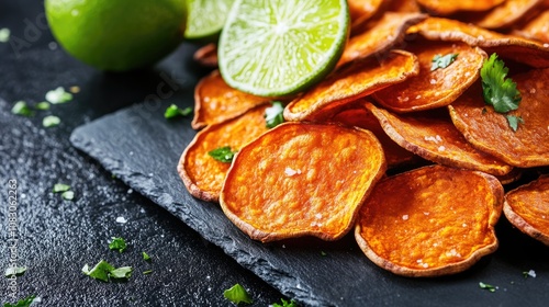 Crispy sweet potato chips on a dark slate surface accented with lime for a flavorful snacking experience photo