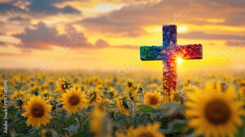 Colorful Cross Set Against a Peaceful Sunflower Field Reflecting the Joy of Nature photo