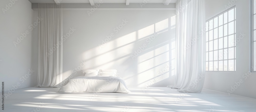 Fototapeta premium Minimalist stylish white bedroom interior showcasing a ceiling window and radiant sun rays perfect for modern design inspiration