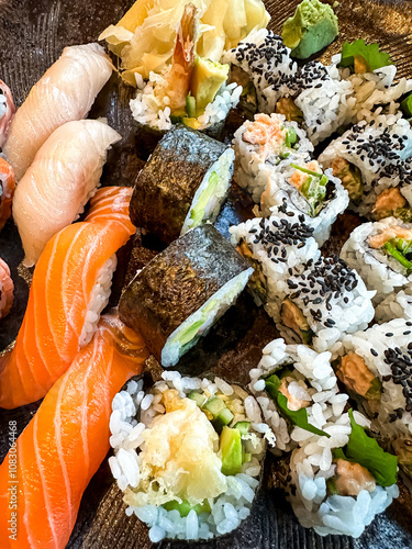 Overhead japanese sushi food. Maki ands rolls with tuna, salmon, shrimp, crab and avocado. Top view of assorted sushi. Authentic food