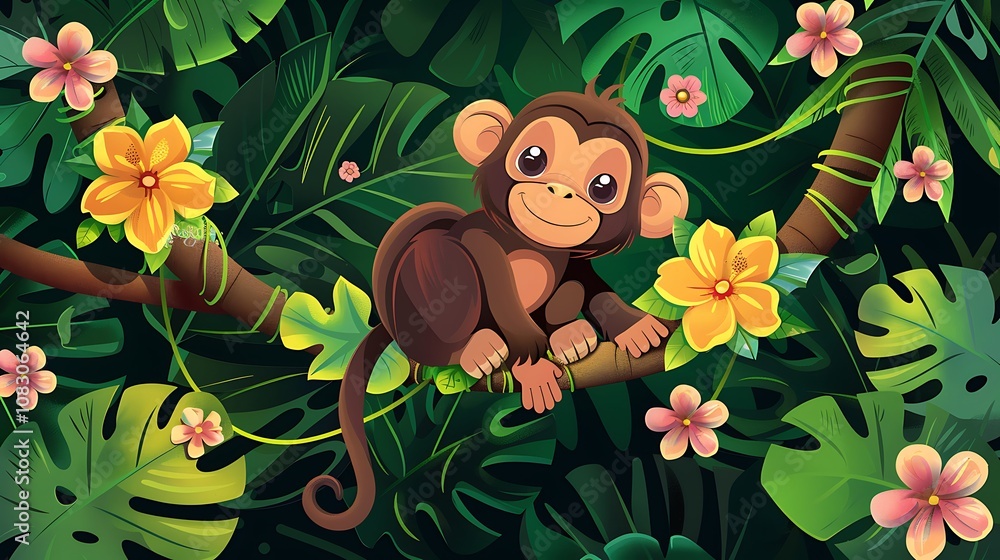 Naklejka premium A cheerful cartoon monkey sitting on a branch surrounded by vibrant tropical foliage and flowers.