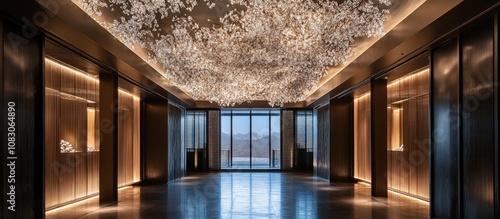 Luxury hotel lobby interior featuring modern design elements illuminated ceiling and spacious corridors with panoramic windows welcoming atmosphere photo