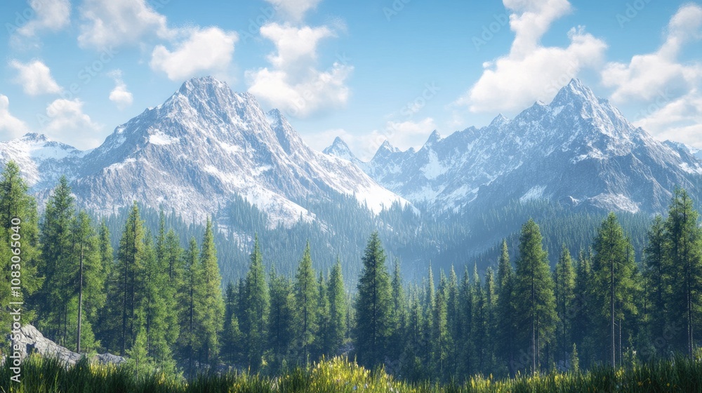 Obraz premium Majestic mountain summits surrounded by a lush pine forest at their foothills