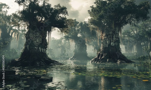 Mayan inspired trees in a mystical swamp setting photo