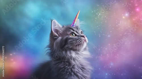 Fluffy gray cat with a unicorn horn showcasing a charming and adorable rainbow themed design