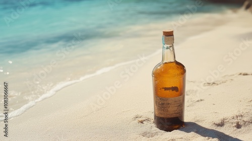 Empty rum bottle resting on sandy beach by the water s edge photo