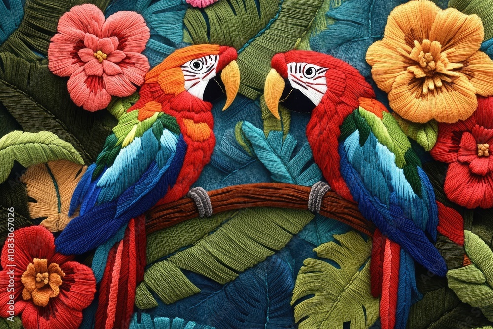 Fototapeta premium Vibrant embroidered design featuring parrots and flowers ideal for textile and fashion applications