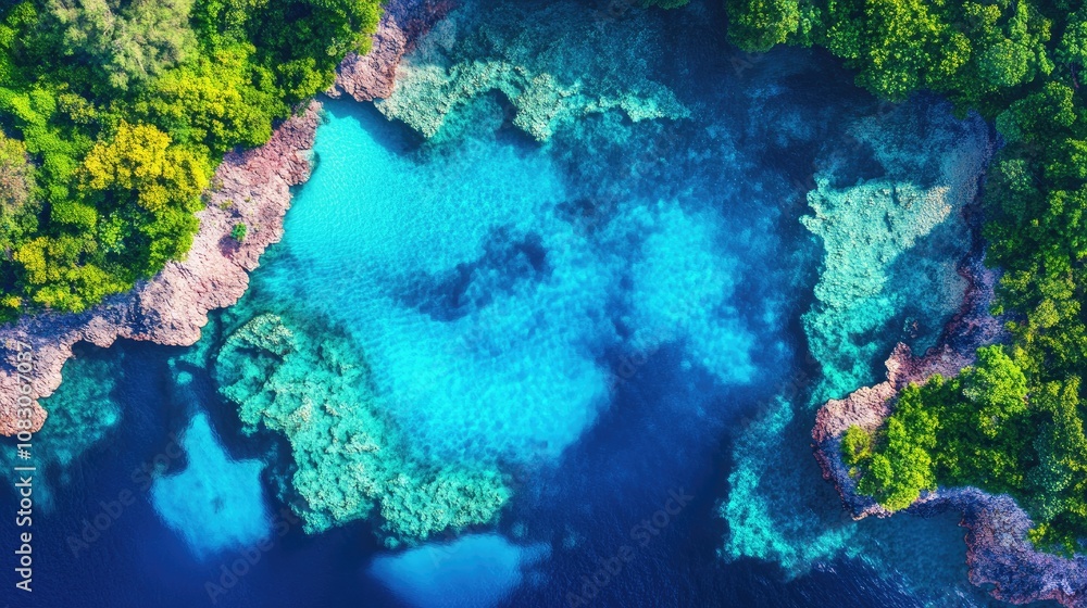 Obraz premium Stunning aerial perspective of a vibrant blue lagoon featuring a coral reef beneath the crystal clear water