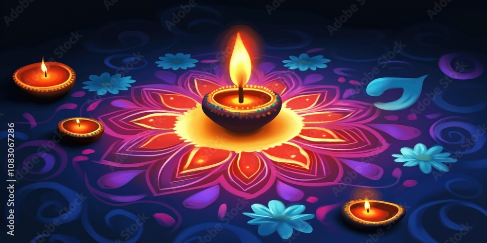 Fototapeta premium Diwali festival celebration art. Candles burn in clay diyas, bright light illuminating colorful rangoli pattern. Traditional Indian holiday decorations, festive mood.