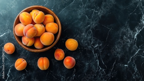 Apricots in a small wooden bowl with a few scattered on a black marble surface captured from a bird s eye perspective photo