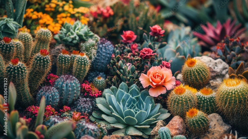 Fototapeta premium Cactus garden featuring diverse succulents cacti and desert plants highlighted by a blooming desert rose in the foreground