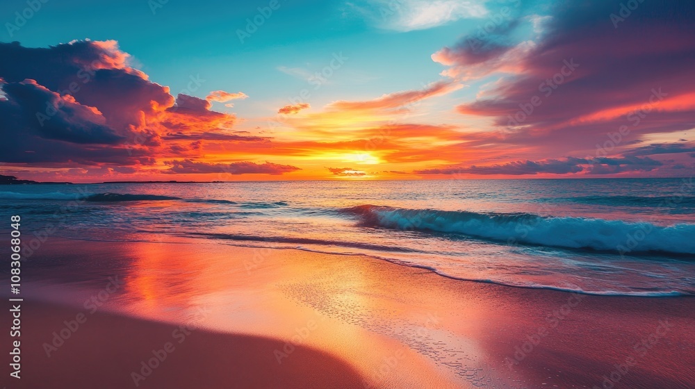 Fototapeta premium Dramatic sunset sky with shades of blue orange pink yellow and purple over a beach A picturesque natural landscape during the golden hour with twilight hues at dusk