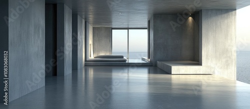 Minimalist apartment interior featuring gray walls and flooring showcasing a blank canvas for future decoration photo