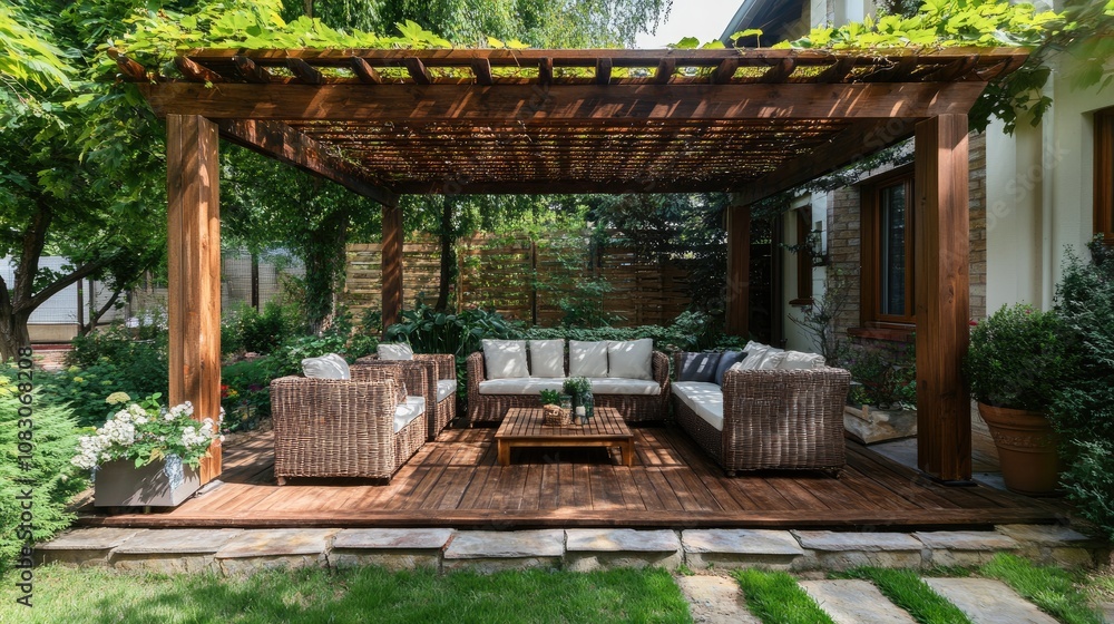 Fototapeta premium Lush garden patio featuring a wooden pergola and cozy seating arrangements