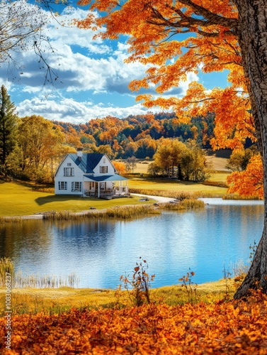 Vertical fantasy panorama of autumn countryside featuring a farmhouse by a serene lake under a sunny blue sky showcasing vibrant orange foliage in a fall season landscape photo