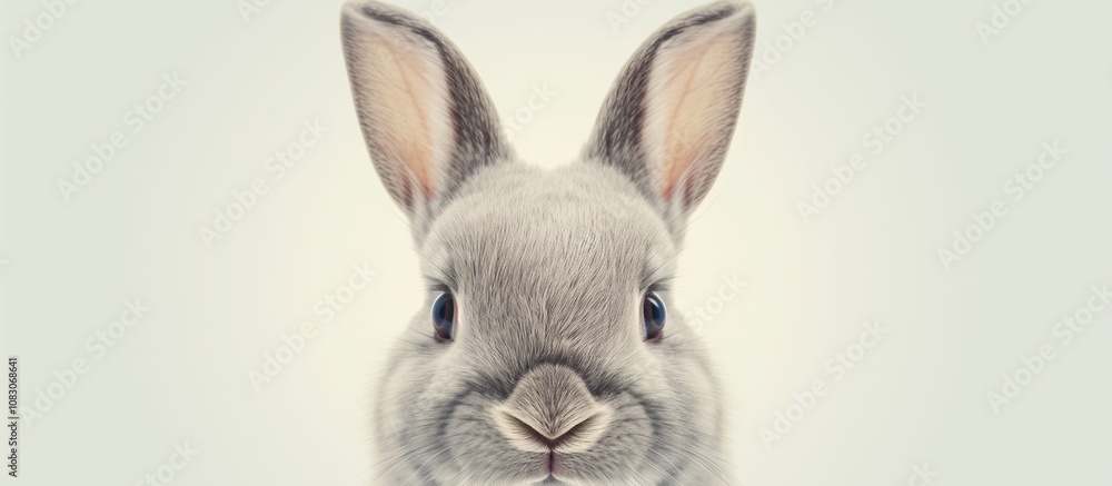 Fototapeta premium Fluffy gray rabbit gazing at the camera against a white backdrop