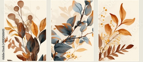 Abstract wall art set featuring watercolor designs Includes posters murals and prints with colorful golden leaves and a grey artistic triptych Vector illustration