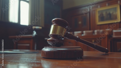 Judge s gavel representing law and justice in a courtroom environment photo