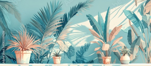 Vibrant palm leaves artwork mural design ideal for interior decoration