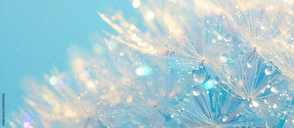 Fototapeta premium Abstract macro image of dandelion seeds with water droplets featuring a soft focus background in pastel blue tones Ideal for wallpaper and floral fantasy designs