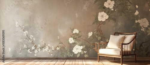 3D rendering of a Chinese rose painting set against a decorative wall mural backdrop