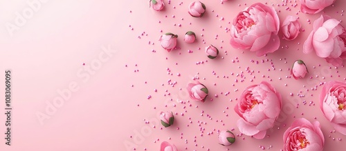 Artwork representing Women s Day concept featuring a top view arrangement of pink peony rose buds and sprinkles on a soft pastel pink background with ample copy space photo