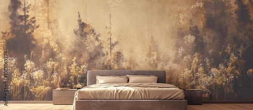 3D mural wallpaper featuring a pattern of golden flowers and grunge style forest trees Contemporary background decoration for bedroom walls