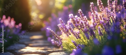 Close up view of lavender blooms in a garden illuminated by sunlight showcasing their vibrant color and delicate details