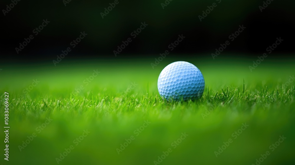 Fototapeta premium Golf ball resting on green grass Banner