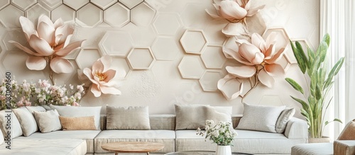 3D wallpaper background featuring a high quality hexagonal honeycomb design complemented by a floral illustration for a stylish living room mural