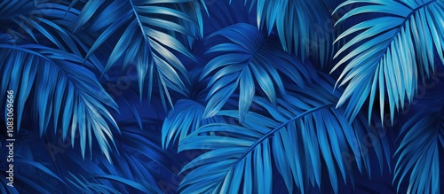 Tropical palm leaves depicted in blue ideal for mural and wallpaper art