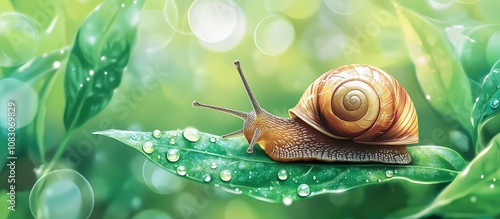 Brown snail on a green leaf crawling on foliage with abstract water droplets on the surface showcasing animal life and shell characteristics photo