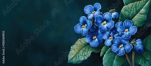 Detail of blue flowers from the False African Violet Streptocarpus saxorum against a dark green backdrop photo