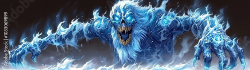 An elemental beast of ice and fire stretches its glowing arms forward, its fiery maw erupting with sharp, menacing teeth