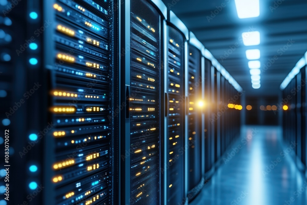 Obraz premium A view of a high-tech data center featuring rows of server racks illuminated by LED lights in a modern environment