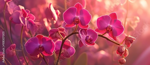 Close up photograph of orchids in a vibrant garden setting