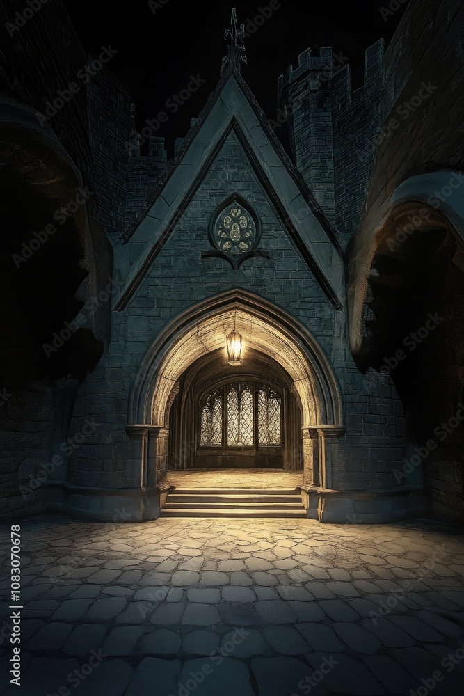 Fototapeta premium Fantasy castle facade illuminated at night