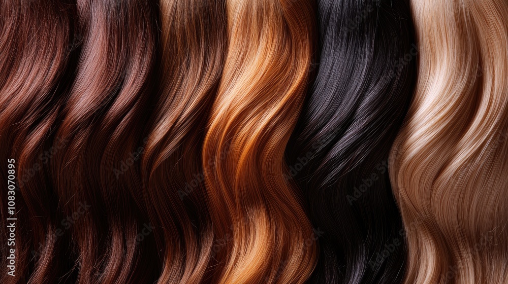 Fototapeta premium Variety of natural hair colors and textures for extensions and wig creation Hair extension styling Visual content for beauty salons showcasing a range of color shades