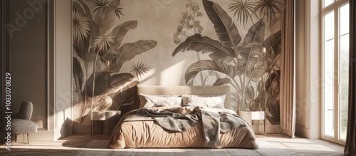 Fototapeta Naklejka Na Ścianę i Meble -  3D modern floral mural wallpaper featuring a leaf pattern on a classic background ideal for interior bedroom wall decor