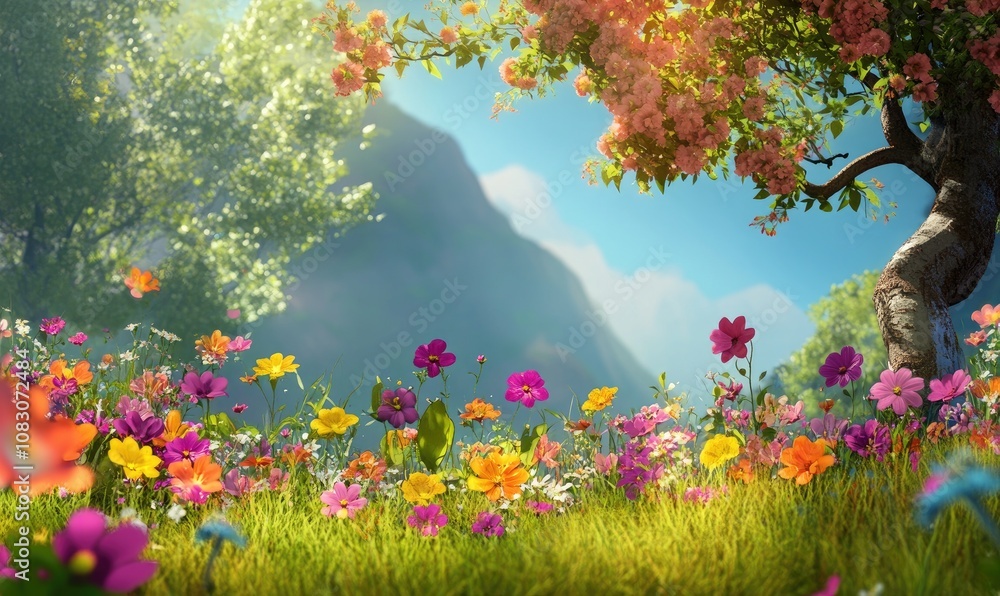 Obraz premium Colorful flowers in a sunny meadow with a whimsical character set against a fantastical storybook backdrop