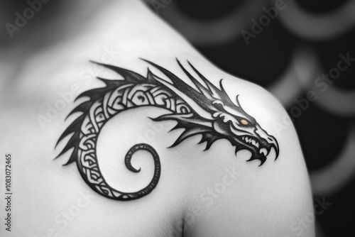 Bold tribal dragon horn tattoo in black with fierce detailing photo