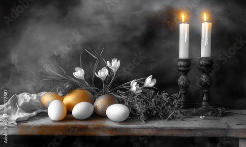 Still life composition featuring eggs peppers crocus bulbs and candlelight depicted in a pencil sketch with black and white tones and selective colorization photo