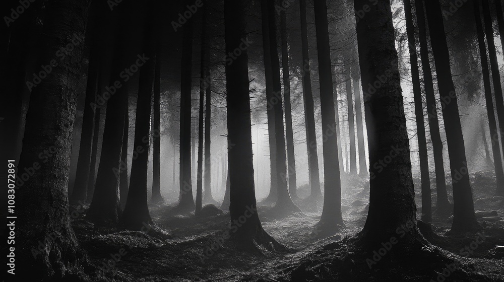 Obraz premium Enigmatic woodland featuring towering eerie trees