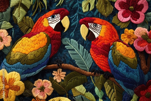 Vibrant embroidered design featuring parrots and flowers ideal for textile and fashion applications photo