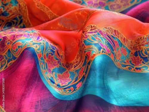 Vibrant digital dupatta featuring a decorative border in a fantasy style photo