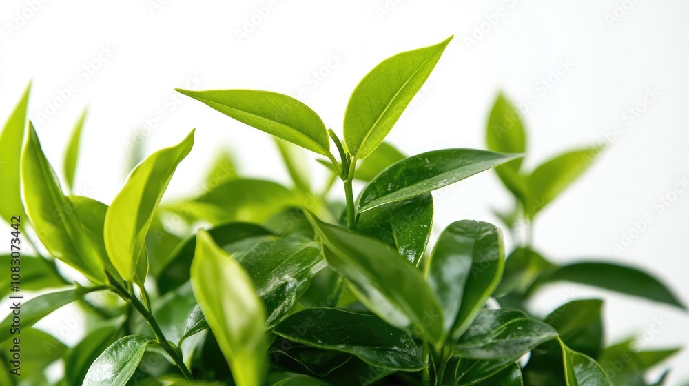 Fototapeta premium Green leaved plant against a white background Vertical composition featuring selective focus and a bright atmosphere