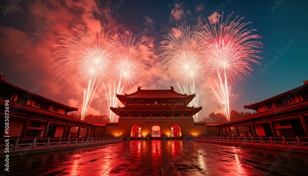 Fototapeta premium Fireworks display against Chinese temple. Red, white fireworks illuminate night sky above traditional temple architecture. Scene filled with festivity, celebration, capturing spirit of Chinese New